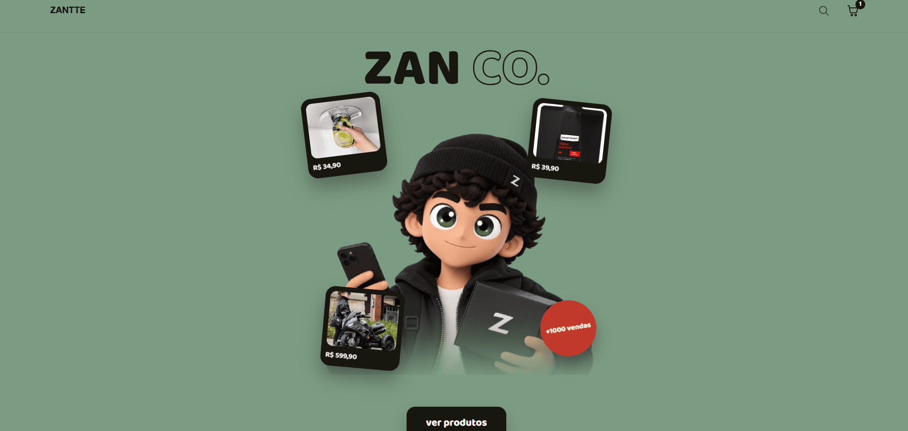Zan Co., a loja da Zantte, com o mascote e produtos em destaque